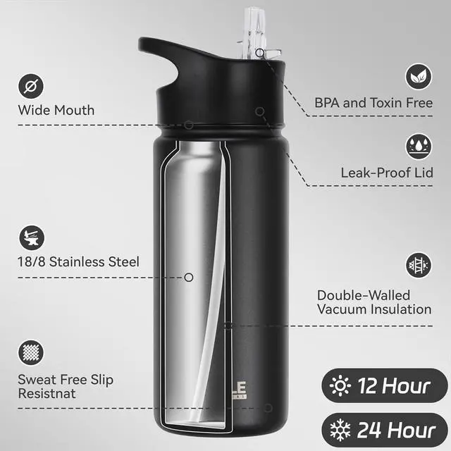 Alt view image 2 of 6 - Insulated Water Bottle 16 oz Double Wall Vacuum Stainless Steel Water Bottle Leak Proof Wide Mouth with Straw Lid & Spout Lid Keeps Cold and Hot(Black 1pack)