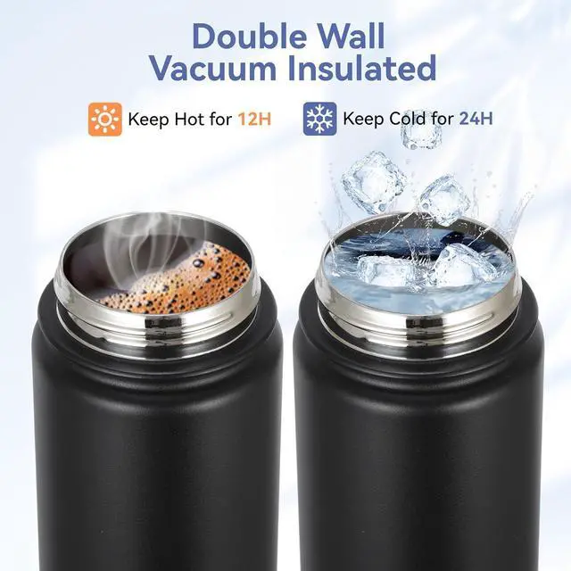 Alt view image 4 of 6 - Insulated Water Bottle 16 oz Double Wall Vacuum Stainless Steel Water Bottle Leak Proof Wide Mouth with Straw Lid & Spout Lid Keeps Cold and Hot(Black 1pack)