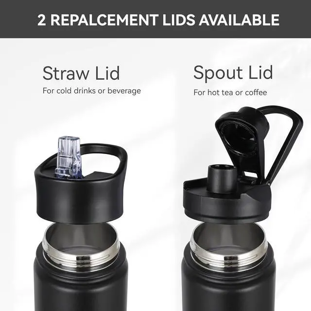 Alt view image 5 of 6 - Insulated Water Bottle 16 oz Double Wall Vacuum Stainless Steel Water Bottle Leak Proof Wide Mouth with Straw Lid & Spout Lid Keeps Cold and Hot(Black 1pack)