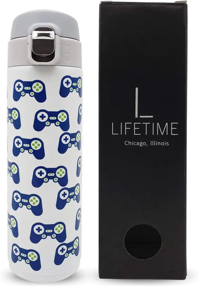 Main image of Kids Water Bottle Stainless Steel Video Game Design Insulated Water Bottles for Kids - Proof Lock Lid No Straw Dishwasher Safe