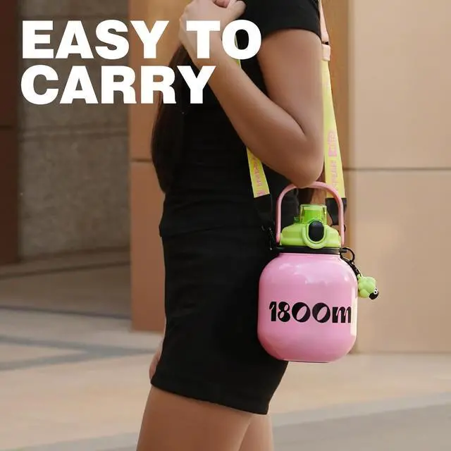Alt view image 2 of 7 - Big Water Bottle with Straw and Carry Handle 60 oz Pink Wide Mouth Vacuum Insulated Stainless Steel Bottles Easy Carry Tumbler for Women
