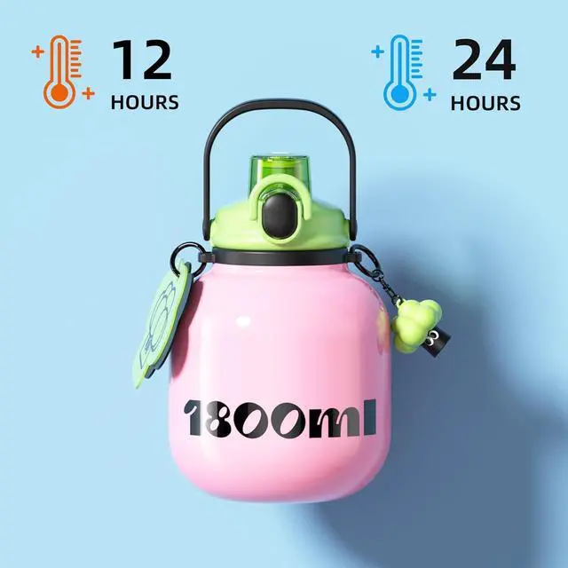 Alt view image 4 of 7 - Big Water Bottle with Straw and Carry Handle 60 oz Pink Wide Mouth Vacuum Insulated Stainless Steel Bottles Easy Carry Tumbler for Women