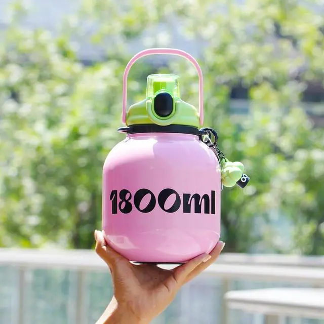 Alt view image 7 of 7 - Big Water Bottle with Straw and Carry Handle 60 oz Pink Wide Mouth Vacuum Insulated Stainless Steel Bottles Easy Carry Tumbler for Women
