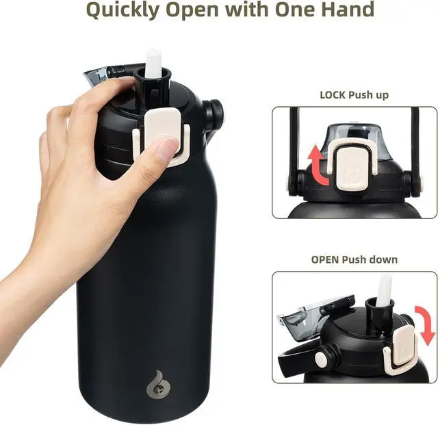 Alt view image 3 of 6 - Insulated Water Bottles with Straw 57 oz Sports Water Bottle with One-handed Opening Lid BPA Free Leakproof Easy Carry Thermos Jugs Flasks for Gym Sports Outdoors Black