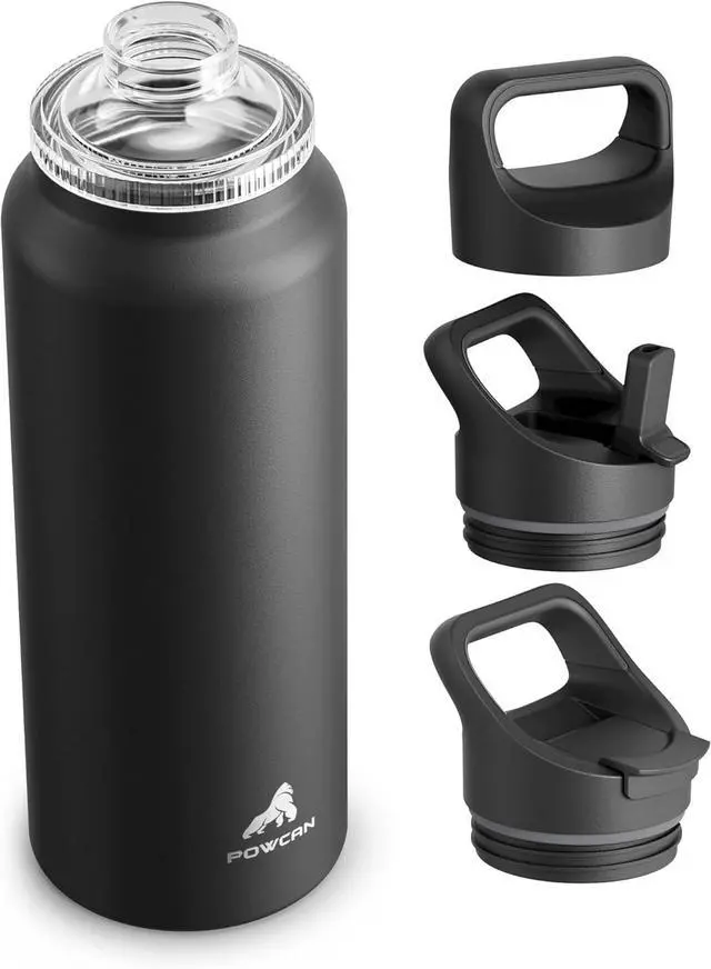Main image of 40 oz Insulated Water Bottle for Outdoors: 3 Lids Leakproof Keep Ice 24H and Hot 12H Double Wall Large Metal Water Flask with Handle for Camping Hiking Climbing Workout Travel (Midnight Black)