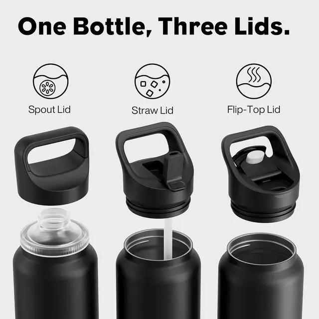 Alt view image 2 of 7 - 40 oz Insulated Water Bottle for Outdoors: 3 Lids Leakproof Keep Ice 24H and Hot 12H Double Wall Large Metal Water Flask with Handle for Camping Hiking Climbing Workout Travel (Midnight Black)