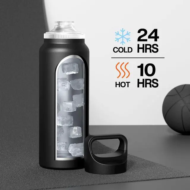 Alt view image 3 of 7 - 40 oz Insulated Water Bottle for Outdoors: 3 Lids Leakproof Keep Ice 24H and Hot 12H Double Wall Large Metal Water Flask with Handle for Camping Hiking Climbing Workout Travel (Midnight Black)