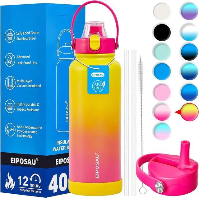 Main image of Insulated Water Bottle with Lid & Boot & Stickers 40 oz Stainless Steel Sweat Free Bottle Keep Cold 24H BPA-Free Sports Wide Mouth Water Bottle YellowRed
