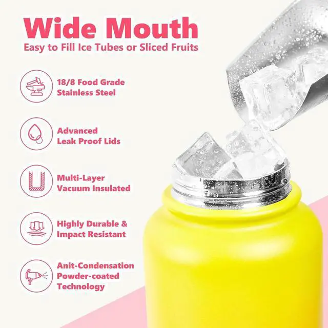 Alt view image 4 of 7 - Insulated Water Bottle with Lid & Boot & Stickers 40 oz Stainless Steel Sweat Free Bottle Keep Cold 24H BPA-Free Sports Wide Mouth Water Bottle YellowRed