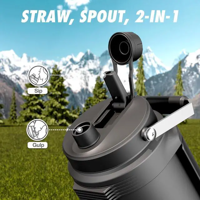 Alt view image 5 of 7 - 64 oz Insulated Water Bottle for Gym: 2-in-1 Straw Spout Lid Dual Handle Leakproof Keep Cold 36H Half Gallon Stainless Steel Water Jug for Travel Hiking Cycling Park Workout Picnic (Midnight)