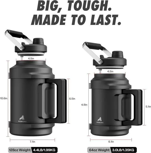 Alt view image 6 of 7 - 64 oz Insulated Water Bottle for Gym: 2-in-1 Straw Spout Lid Dual Handle Leakproof Keep Cold 36H Half Gallon Stainless Steel Water Jug for Travel Hiking Cycling Park Workout Picnic (Midnight)