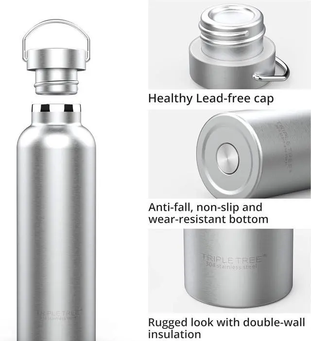 Alt view image 5 of 7 - Triple Tree 34OZ Vacuum Insulated Stainless Steel Water Bottle Double Wall Wide Mouth Lids Keeps beverage Hot or Cold Sweat Proof