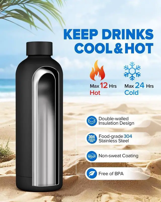 Alt view image 2 of 7 - Insulated Water Bottle with Lid 25 oz Reusable Leak-Proof Metal Stainless Steel Water Bottles for Travel Sports Gym Outdoor (Black)