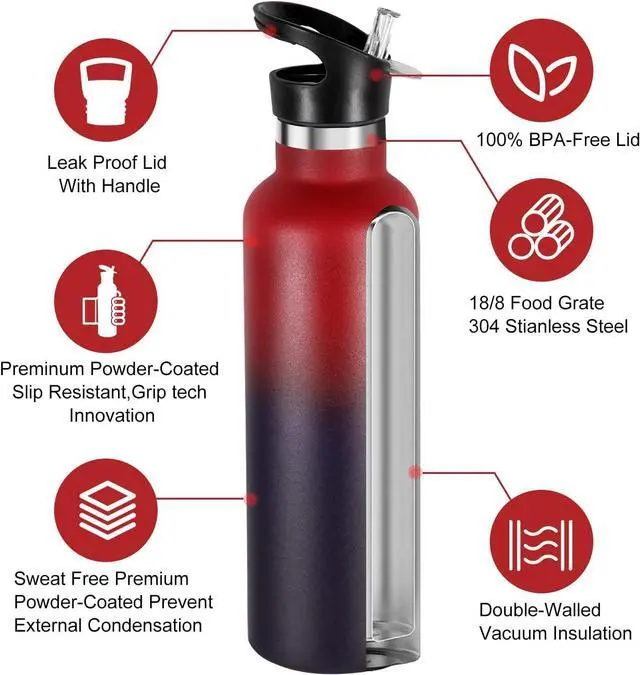 Alt view image 3 of 7 - 24oz Insulated Water Bottles Bulk 2 Pack Stainless Steel Double Wall Sport Bottle with Straw Lid Metal Reusable Thermoses Cup with Hand Cap for School Cyclists Hikers Gift (Assorted Set of 2)