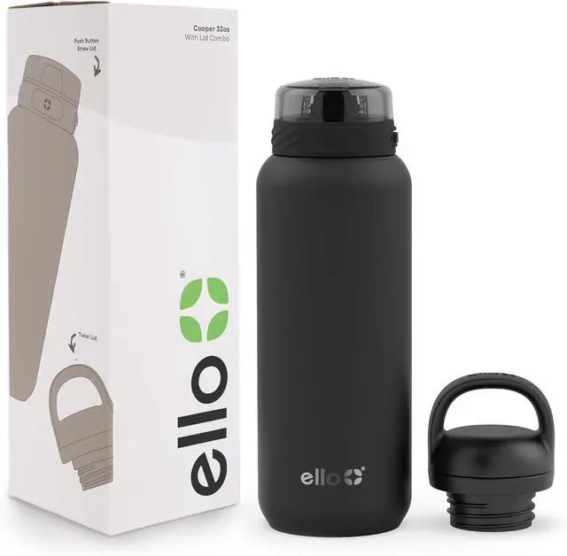 Main image of Cooper 32oz Stainless Steel Water Bottle with 2 Lids Chug and Straw | Leak Proof | Double Walled and Vacuum Insulated | Built in Carry Loop | Dishwasher Safe | Black