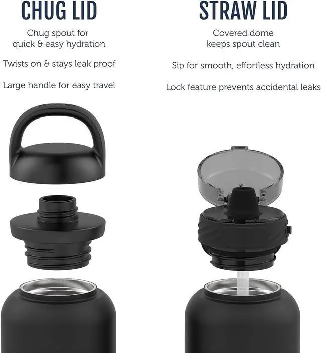 Alt view image 3 of 7 - Cooper 32oz Stainless Steel Water Bottle with 2 Lids Chug and Straw | Leak Proof | Double Walled and Vacuum Insulated | Built in Carry Loop | Dishwasher Safe | Black