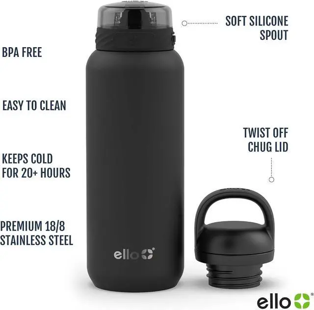 Alt view image 4 of 7 - Cooper 32oz Stainless Steel Water Bottle with 2 Lids Chug and Straw | Leak Proof | Double Walled and Vacuum Insulated | Built in Carry Loop | Dishwasher Safe | Black