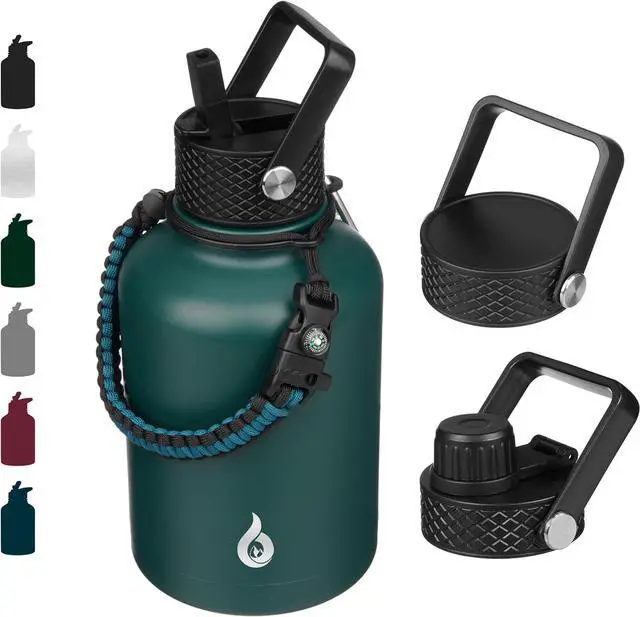 Main image of Insulated Water Bottles with Straw Lid 50oz Large Water Jug Stainless Steel Vacuum Bottles Hot & Cold Thermos with 3 Lids and Paracord Handle Army Green