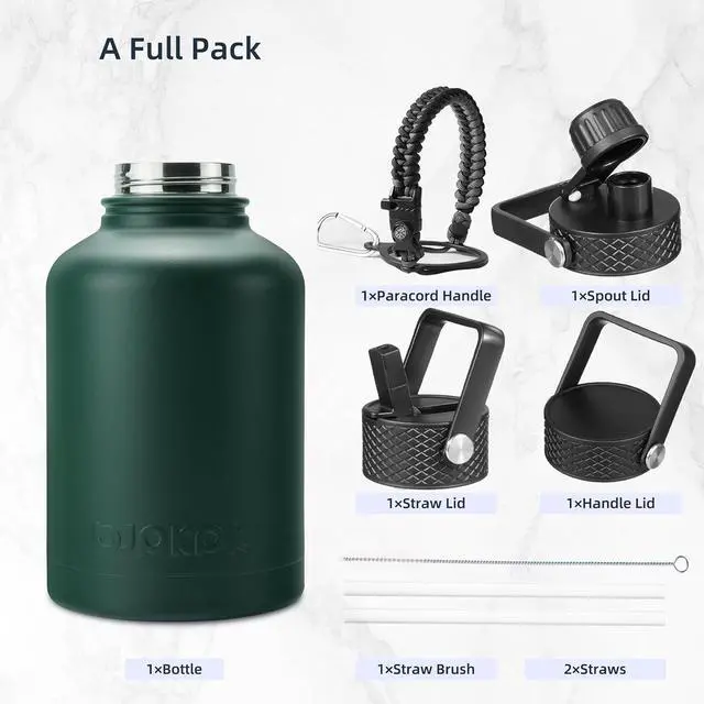 Alt view image 4 of 6 - Insulated Water Bottles with Straw Lid 50oz Large Water Jug Stainless Steel Vacuum Bottles Hot & Cold Thermos with 3 Lids and Paracord Handle Army Green