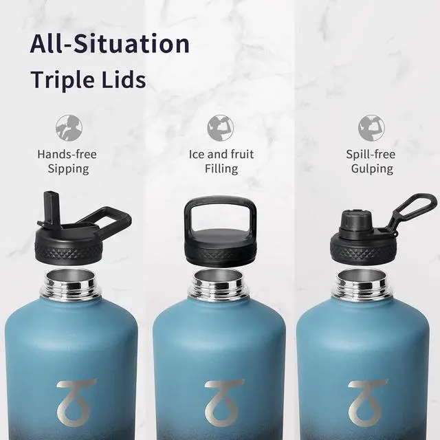 Alt view image 3 of 7 - One Gallon Water Bottle Insulated with Paracord Handle 128oz Large Stainless Steel Water Jug Vacuum Double Wall Insulated 24hr Cold Retention Leakproof Flask with 3 Lids Indigo Black