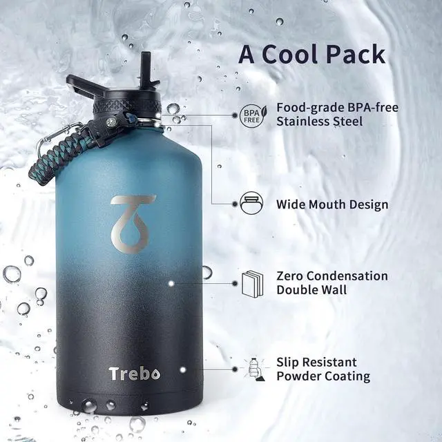 Alt view image 5 of 7 - One Gallon Water Bottle Insulated with Paracord Handle 128oz Large Stainless Steel Water Jug Vacuum Double Wall Insulated 24hr Cold Retention Leakproof Flask with 3 Lids Indigo Black