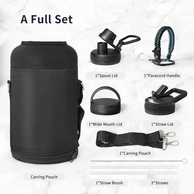 Alt view image 6 of 7 - One Gallon Water Bottle Insulated with Paracord Handle 128oz Large Stainless Steel Water Jug Vacuum Double Wall Insulated 24hr Cold Retention Leakproof Flask with 3 Lids Indigo Black