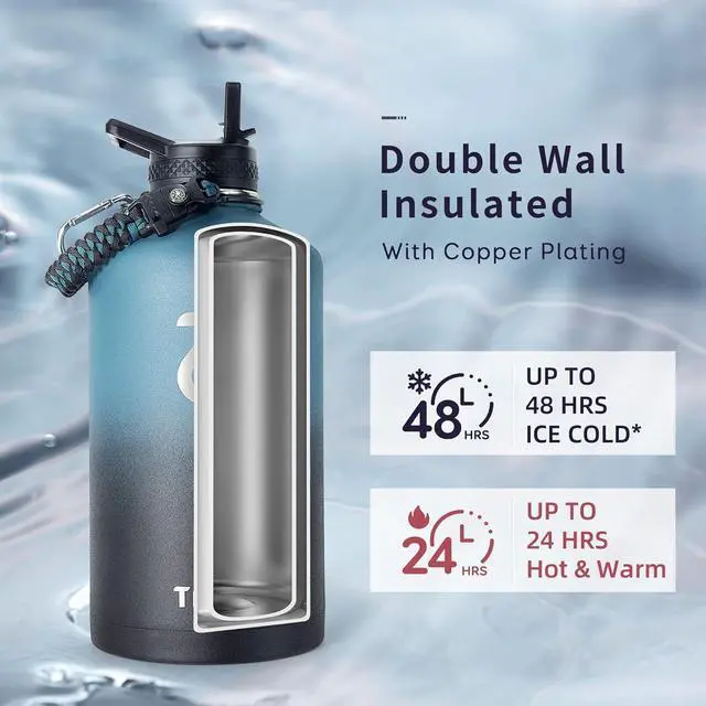 Alt view image 2 of 7 - One Gallon Water Bottle Insulated with Paracord Handle 128oz Large Stainless Steel Water Jug Vacuum Double Wall Insulated 24hr Cold Retention Leakproof Flask with 3 Lids Indigo Black