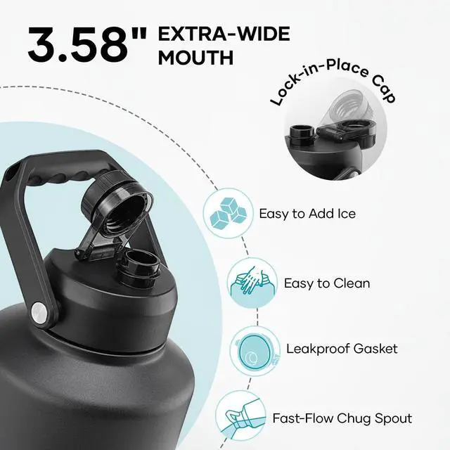 Alt view image 3 of 7 - 1 Gallon Water Bottle Insulated (Cold for 48 Hrs) 3.58in Big Wide Mouth Leak Proof 128oz Large Water Jug Stainless Steel Metal Flask with Handle for Camping Outdoor Work Travel Hiking Black