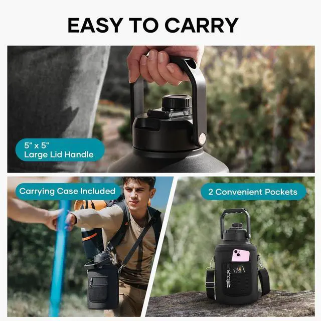 Alt view image 4 of 7 - 1 Gallon Water Bottle Insulated (Cold for 48 Hrs) 3.58in Big Wide Mouth Leak Proof 128oz Large Water Jug Stainless Steel Metal Flask with Handle for Camping Outdoor Work Travel Hiking Black