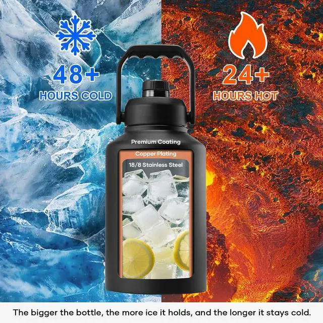 Alt view image 2 of 7 - 1 Gallon Water Bottle Insulated (Cold for 48 Hrs) 3.58in Big Wide Mouth Leak Proof 128oz Large Water Jug Stainless Steel Metal Flask with Handle for Camping Outdoor Work Travel Hiking Black