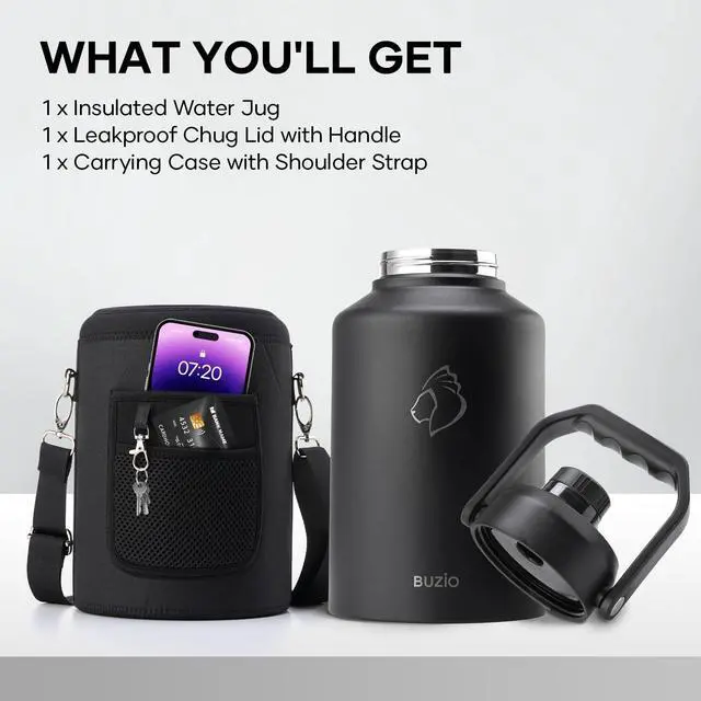 Alt view image 7 of 7 - 1 Gallon Water Bottle Insulated (Cold for 48 Hrs) 3.58in Big Wide Mouth Leak Proof 128oz Large Water Jug Stainless Steel Metal Flask with Handle for Camping Outdoor Work Travel Hiking Black