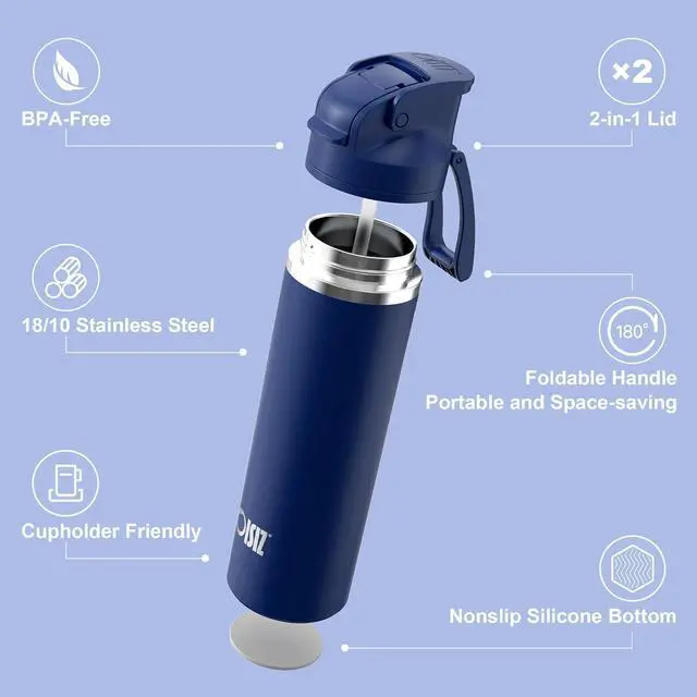 Alt view image 3 of 7 - Insulated Water Bottle 24 oz with 2-in-1 Straw and Spout Lid Leakproof and BPA Free Keep Cold 24H Vacuum Stainless Steel Water Bottle for School Travel and Sports All Dishwasher Safe