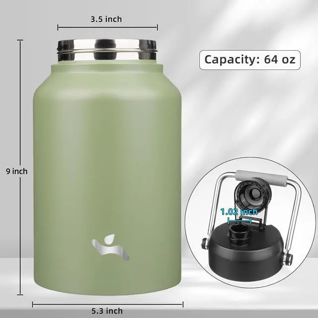 Alt view image 2 of 7 - Half Gallon Jug with Handle 64 oz Insulated Water Bottle with Carrying Pouch Double Wall Vacuum Stainless Steel Metal Bottle Camp Green