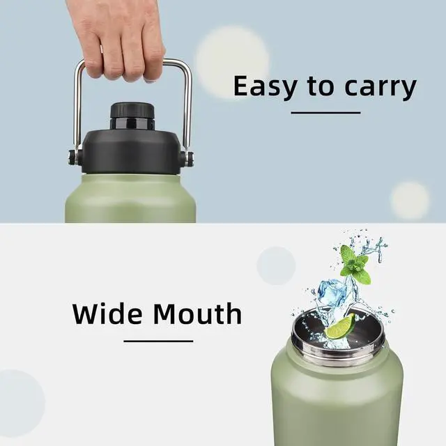 Alt view image 4 of 7 - Half Gallon Jug with Handle 64 oz Insulated Water Bottle with Carrying Pouch Double Wall Vacuum Stainless Steel Metal Bottle Camp Green