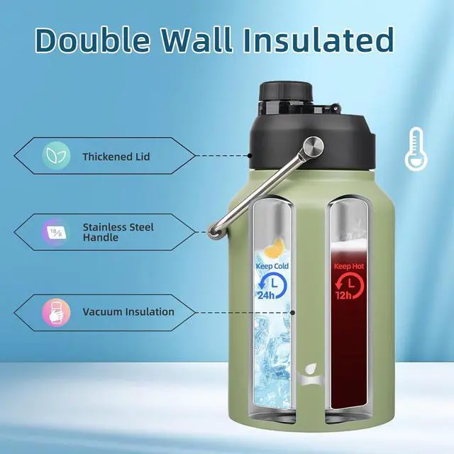 Alt view image 3 of 7 - Half Gallon Jug with Handle 64 oz Insulated Water Bottle with Carrying Pouch Double Wall Vacuum Stainless Steel Metal Bottle Camp Green