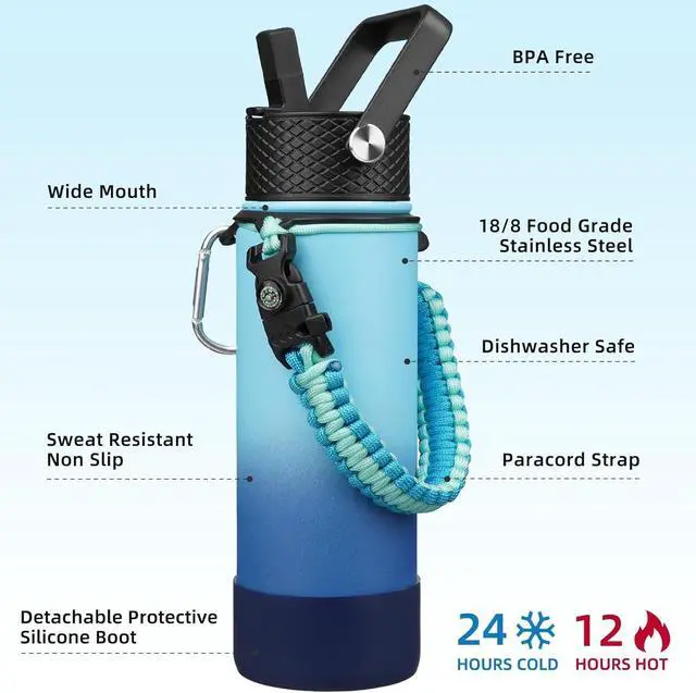 Alt view image 2 of 5 - Insulated Water Bottle with Straw Lid 22oz Thermos Water Bottles with 3 Lids Paracord Handle & Non-slip Boot BPA Free Leak Proof Stainless Steel Tumblers Sky