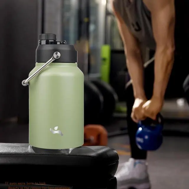 Alt view image 7 of 7 - Half Gallon Jug with Handle 64 oz Insulated Water Bottle with Carrying Pouch Double Wall Vacuum Stainless Steel Metal Bottle Camp Green