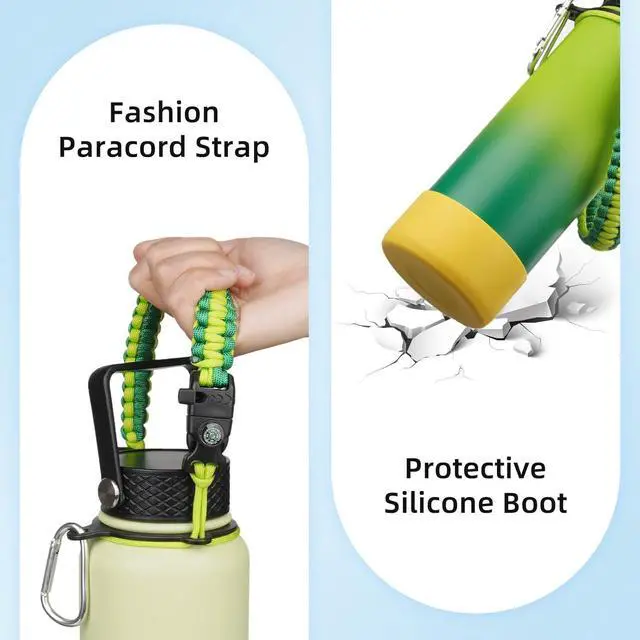 Alt view image 4 of 5 - Insulated Water Bottle with Straw Lid 22oz Thermos Water Bottles with 3 Lids Paracord Handle & Non-slip Boot BPA Free Leak Proof Stainless Steel Tumblers Sky