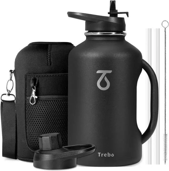 Main image of Half Gallon 64oz Water Bottle with Handle Double Wall Vacuum Insulated Large Water Jug Stainless Steel Water Bottle Flask Gym Water Bottles For Men with Straw Spout Lids Strap Black