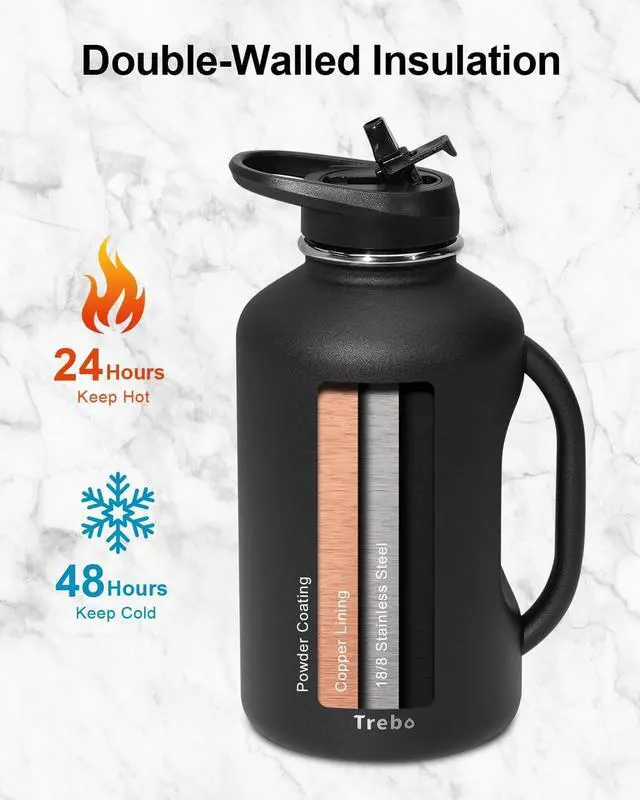 Alt view image 3 of 6 - Half Gallon 64oz Water Bottle with Handle Double Wall Vacuum Insulated Large Water Jug Stainless Steel Water Bottle Flask Gym Water Bottles For Men with Straw Spout Lids Strap Black