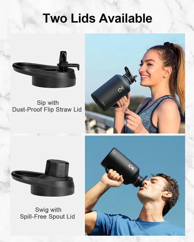 Alt view image 4 of 6 - Half Gallon 64oz Water Bottle with Handle Double Wall Vacuum Insulated Large Water Jug Stainless Steel Water Bottle Flask Gym Water Bottles For Men with Straw Spout Lids Strap Black