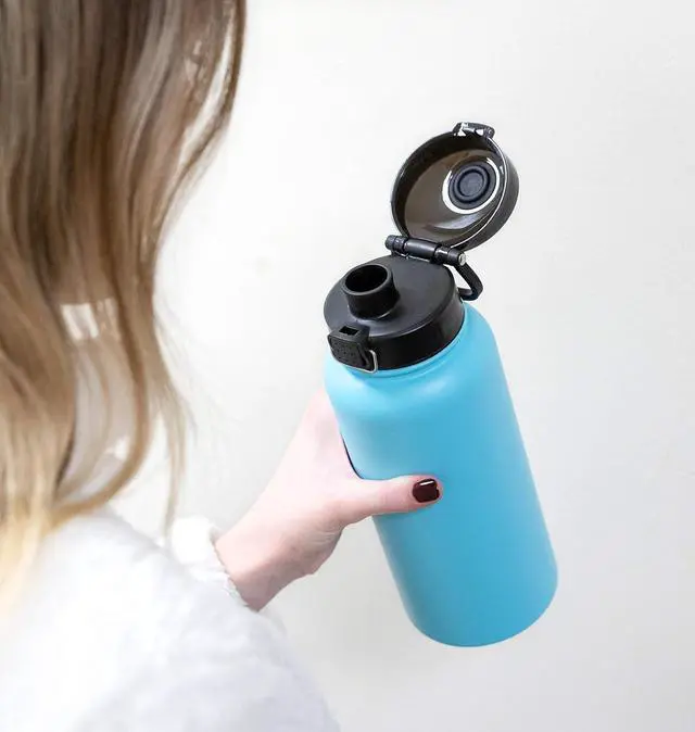 Alt view image 5 of 7 - 24 oz Insulated Water Bottle - Stainless Steel Thermos with One-Touch Quick-Open Spout - Double Wall Hot & Cold (24Hr Cold/12Hr Hot) - Space Blue