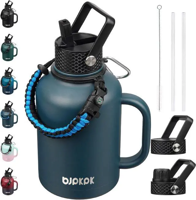Main image of Large Insulated Water Bottles with Straw Lid & Handle 50oz 64oz 87oz 128oz Water Bottle with 3 Lids and Paracord Strap Stainless Steel Metal Water Bottle Insulated Water Jug Navy Blue