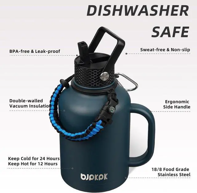 Alt view image 2 of 6 - Large Insulated Water Bottles with Straw Lid & Handle 50oz 64oz 87oz 128oz Water Bottle with 3 Lids and Paracord Strap Stainless Steel Metal Water Bottle Insulated Water Jug Navy Blue