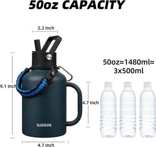 Alt view image 5 of 6 - Large Insulated Water Bottles with Straw Lid & Handle 50oz 64oz 87oz 128oz Water Bottle with 3 Lids and Paracord Strap Stainless Steel Metal Water Bottle Insulated Water Jug Navy Blue