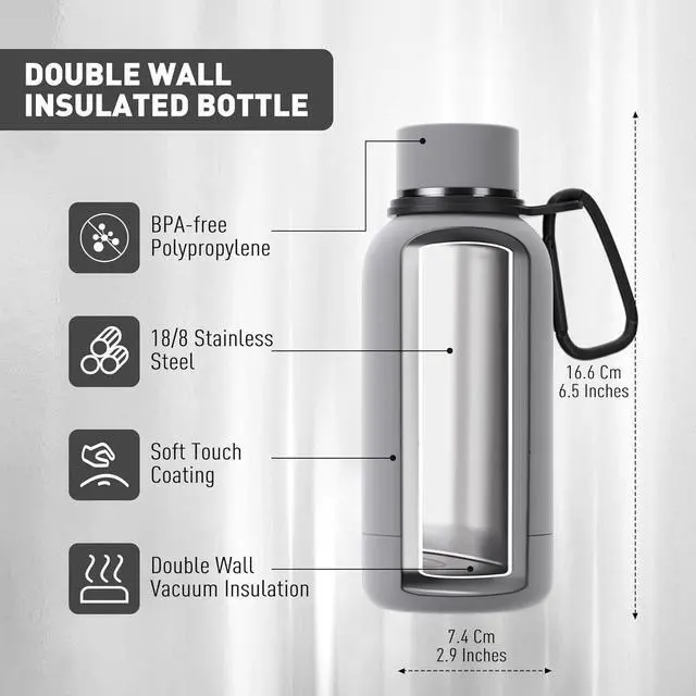 Alt view image 3 of 7 - Small Water Bottle 12oz with Clip Double Wall Stainless Steel Vacuum Small Insulated Water Bottle Keeps Drinks Cold 24 Hrs/Hot 12 Hrs for Kids Handbag School BPA Free (Grey)