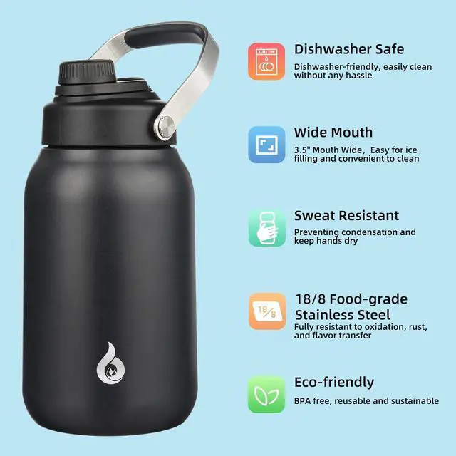 Alt view image 2 of 6 - Half Gallon Insulated Water Bottles 64oz Water Jug with Metal Handle & BPA Free Spout Lid Dishwasher Safe Thermos Large Stainless Steel Gym Sport Jugs Black