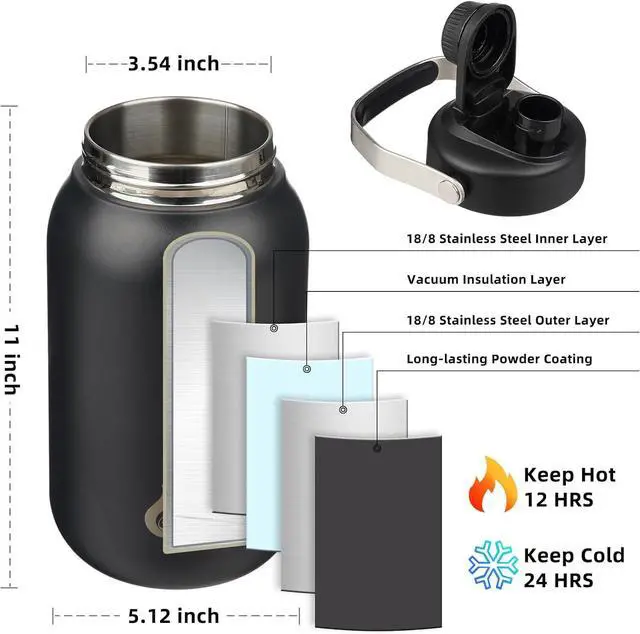 Alt view image 3 of 6 - Half Gallon Insulated Water Bottles 64oz Water Jug with Metal Handle & BPA Free Spout Lid Dishwasher Safe Thermos Large Stainless Steel Gym Sport Jugs Black