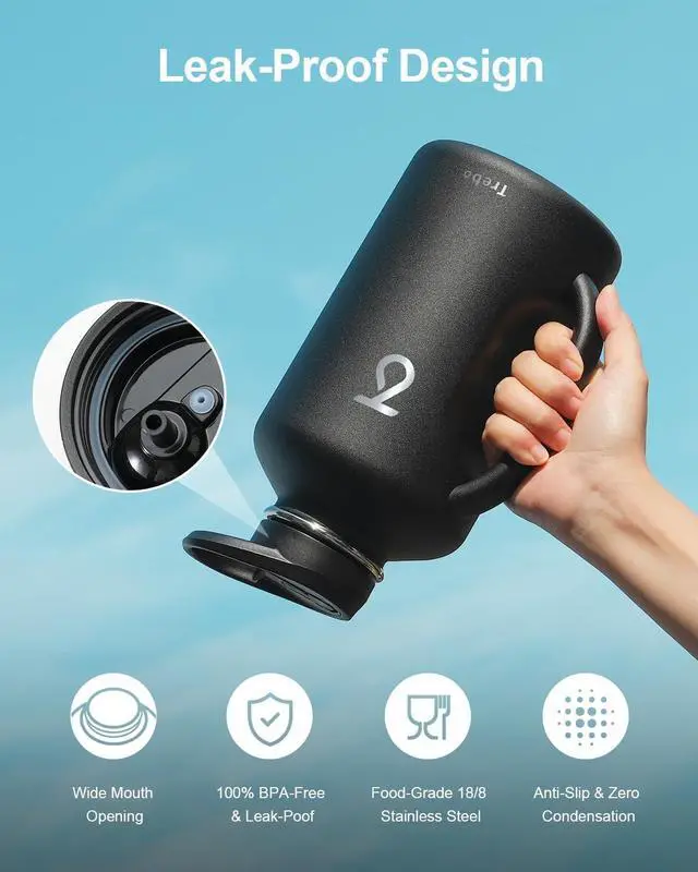 Alt view image 5 of 6 - Half Gallon 64oz Water Bottle with Handle Double Wall Vacuum Insulated Large Water Jug Stainless Steel Water Bottle Flask Gym Water Bottles For Men with Straw Spout Lids Strap Black