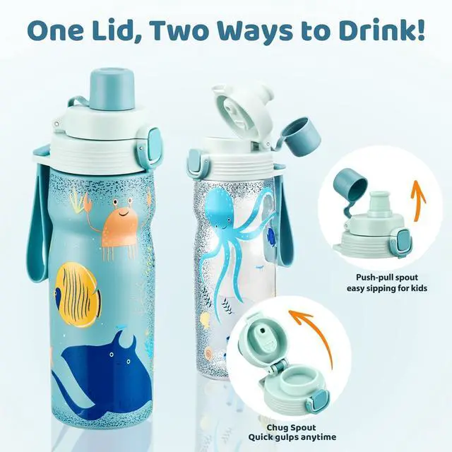 Alt view image 4 of 7 - Kids Water Bottle 2 Pack 17 oz Stainless Steel Vacuum Insulated cup and 21oz Tritan Sports Bottle BPA FREE Leak Proof Kids Water Bottle for School Boy Girl (Blue-Ocean)